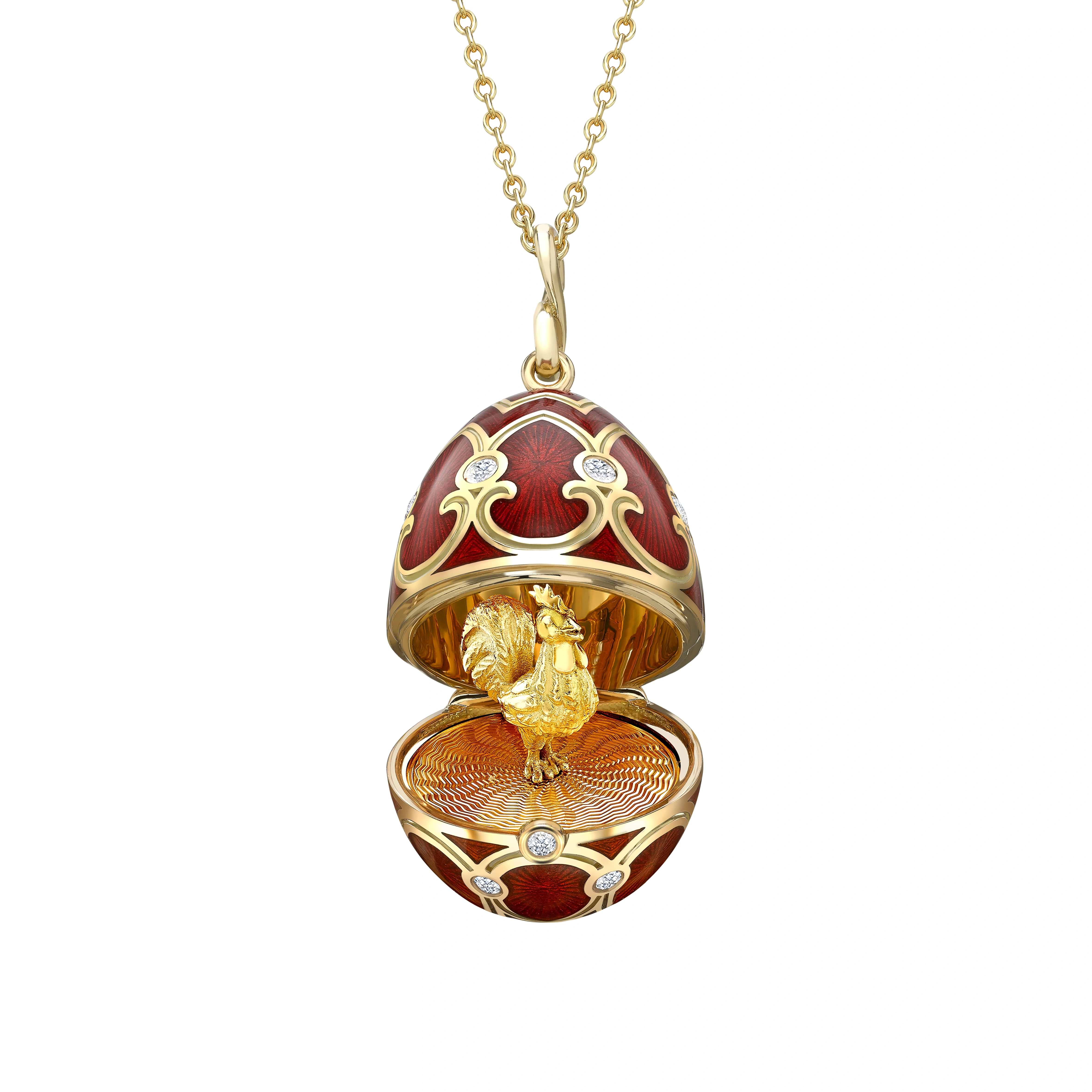 Yellow Gold Diamond & Red Guilloché Enamel Year Of The Rooster Surprise Locket | Fabergé
