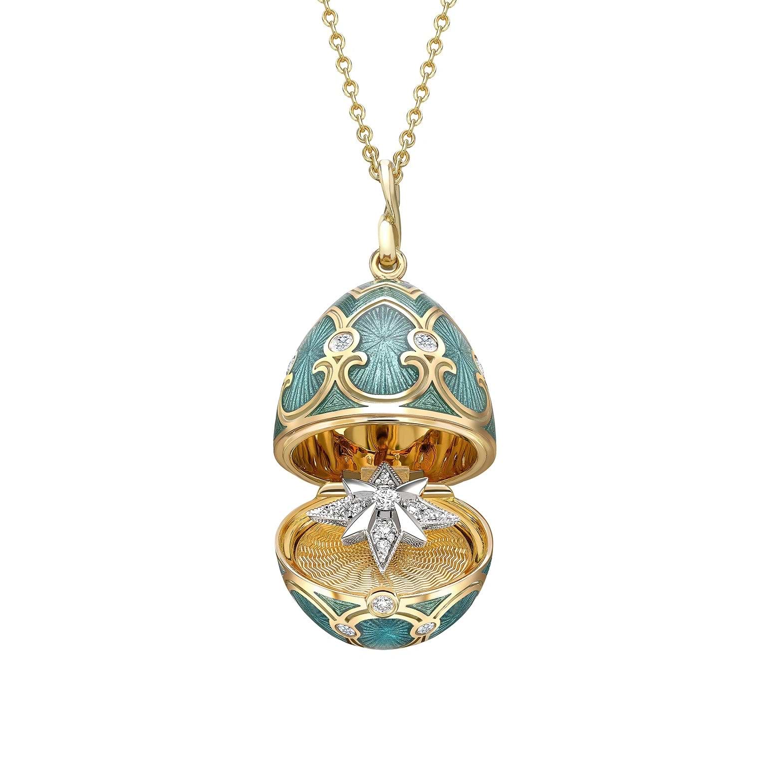 Yellow Gold Diamond & Teal Guilloché Enamel Trembling Star Surprise Locket | Fabergé