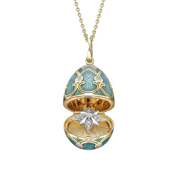 Yellow Gold Diamond & Teal Guilloché Enamel Trembling Star Surprise Locket | Fabergé