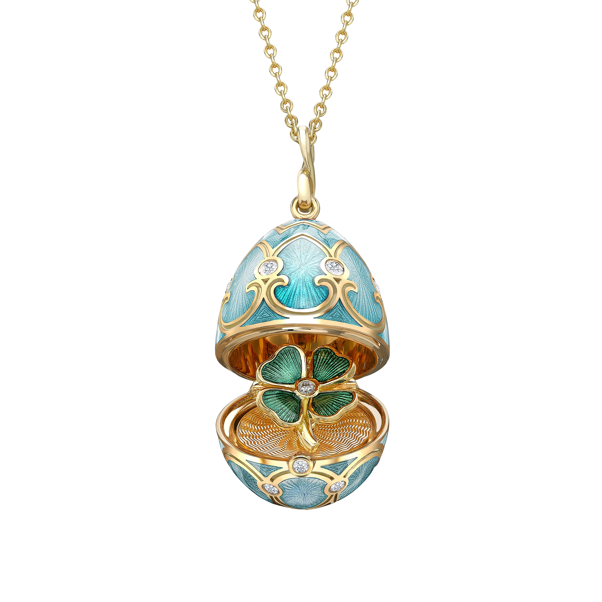 Yellow Gold Diamond & Turquoise Guilloché Enamel Clover Surprise Locket | Fabergé