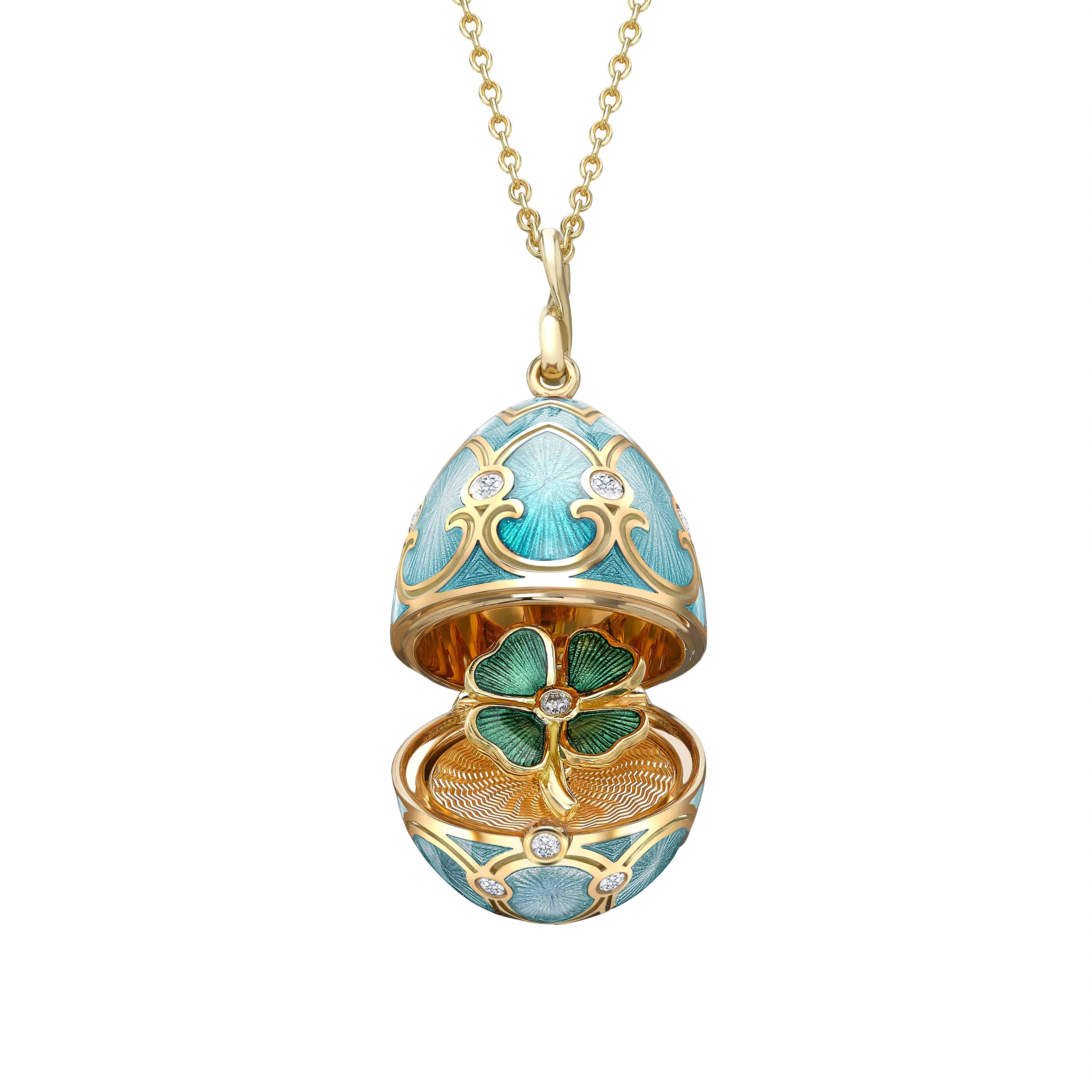 Yellow Gold Diamond & Turquoise Guilloché Enamel Clover Surprise Locket | Fabergé