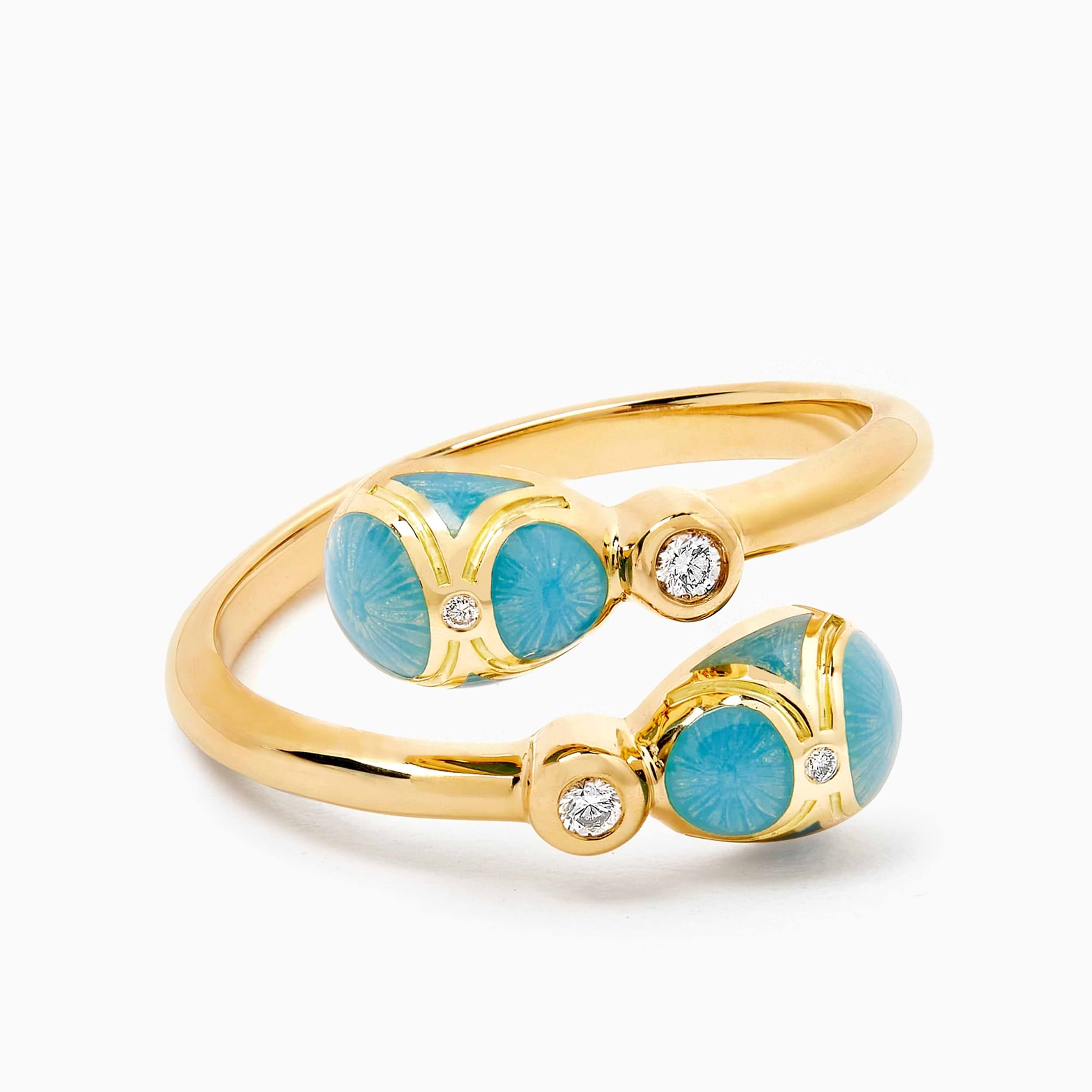 Yellow Gold Diamond & Turquoise Guilloché Enamel Crossover Ring | Fabergé 2