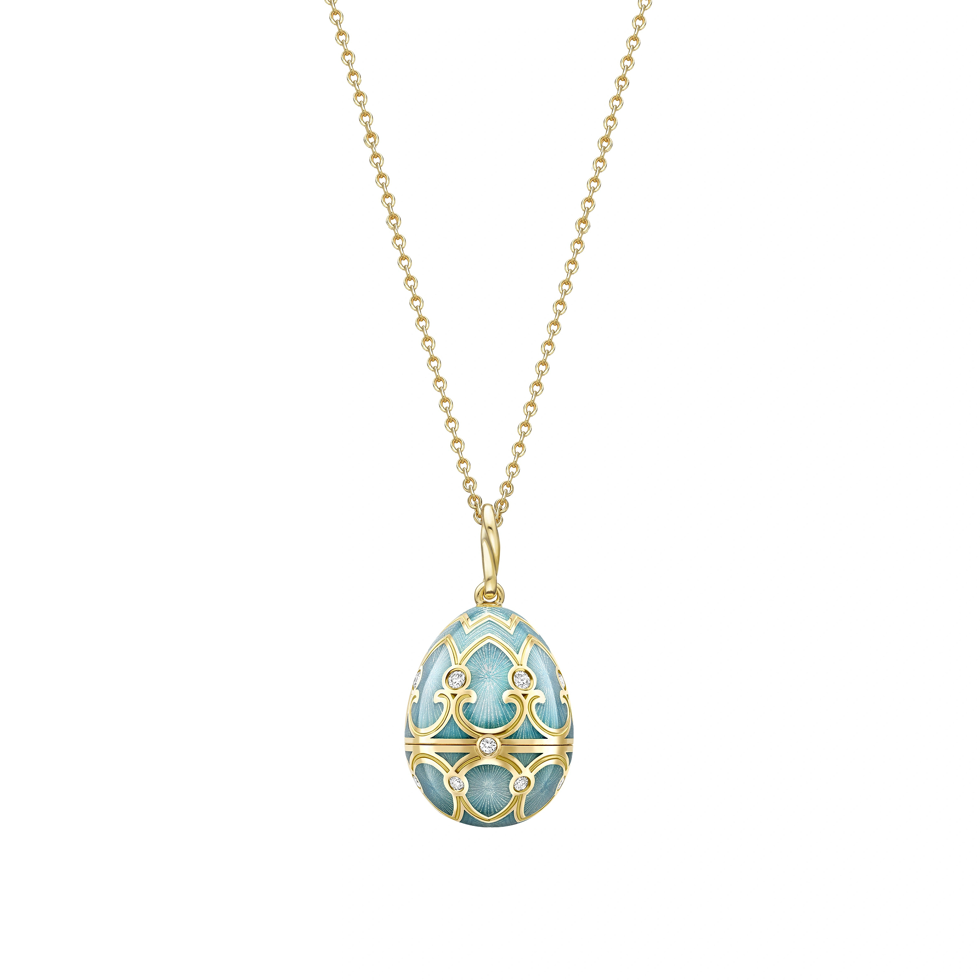 Yellow Gold Diamond & Turquoise Guilloché Enamel Hen Surprise Locket | Fabergé