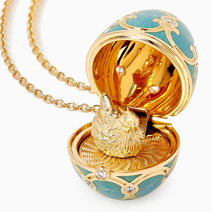 Yellow Gold Diamond & Turquoise Guilloché Enamel Hen Surprise Locket | Fabergé