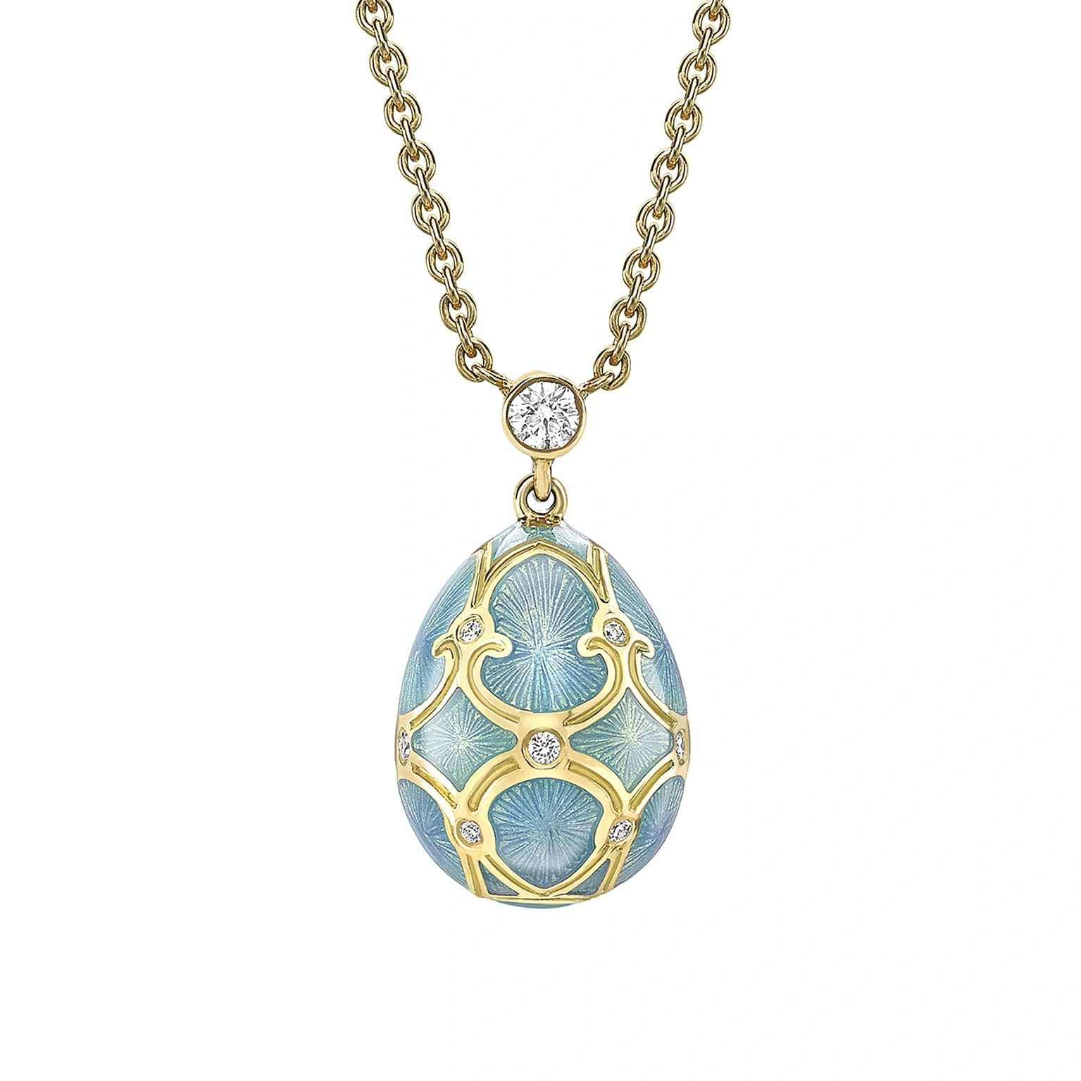 Yellow Gold Diamond & Turquoise Guilloché Enamel Petite Egg Pendant  | Fabergé