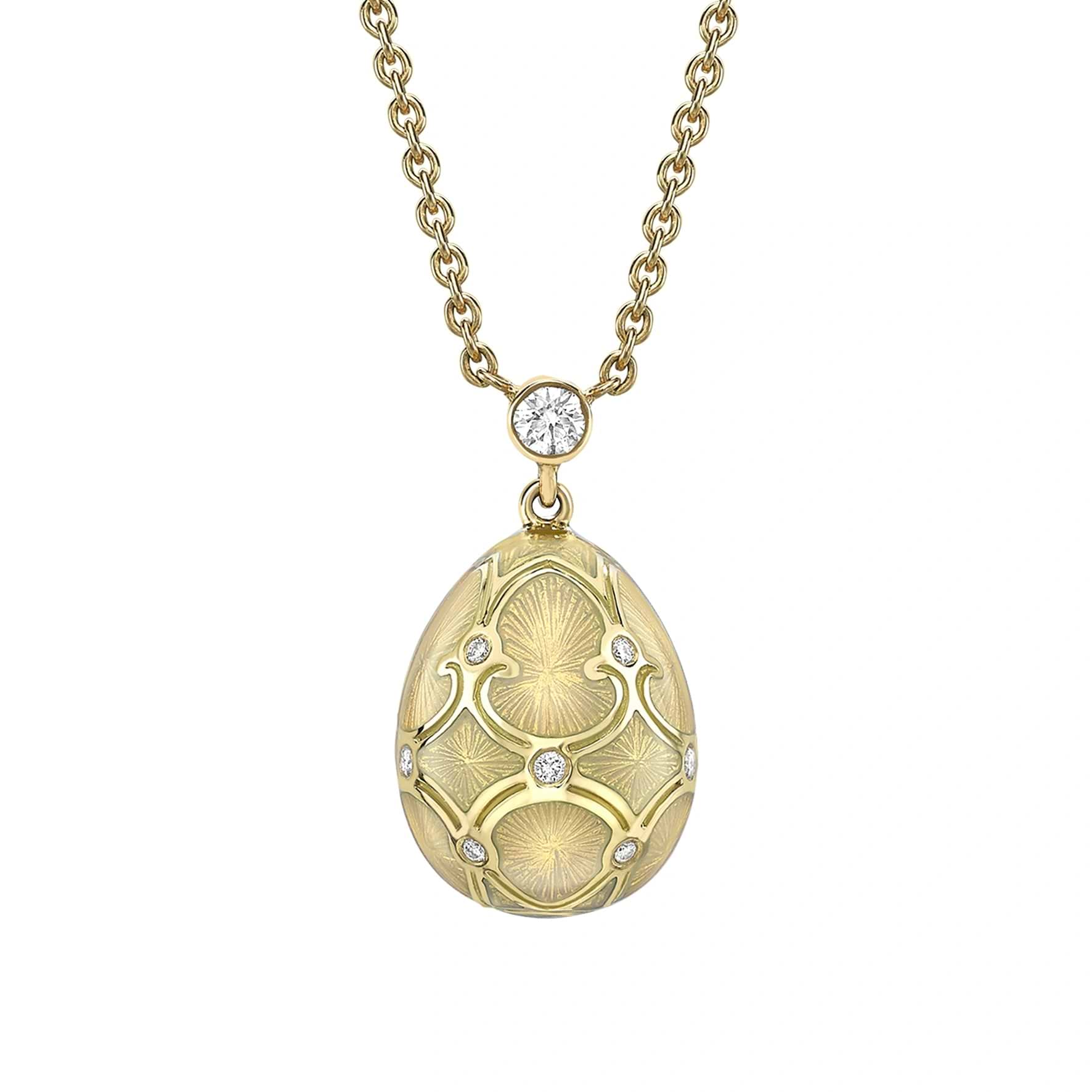 Yellow Gold Diamond & White Guilloché Enamel Petite Egg Pendant | Fabergé