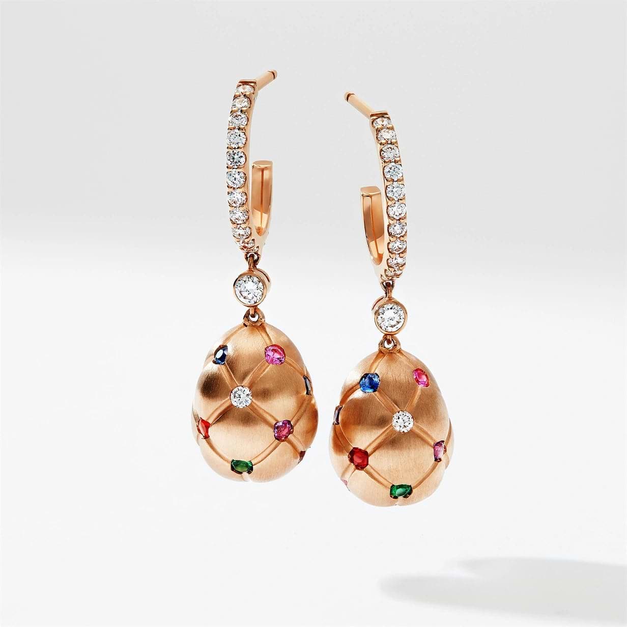 Brushed Rose Gold Diamond & Multicoloured Gemstone Egg Drop Earrings | Fabergé 2