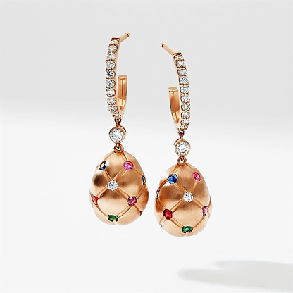 Brushed Rose Gold Diamond & Multicoloured Gemstone Egg Drop Earrings | Fabergé