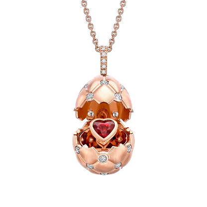 Brushed Rose Gold & Diamond Set Ruby Heart Surprise Locket | Fabergé