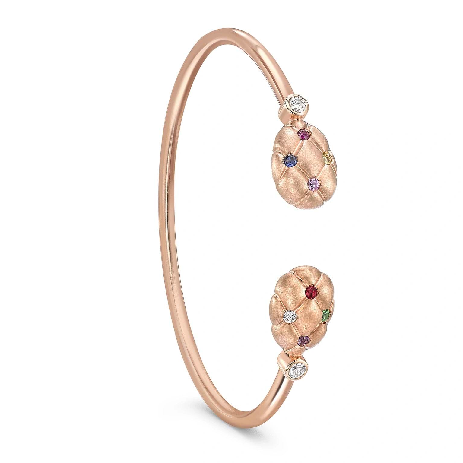 Brushed Rose Gold, Diamond, Sapphire & Ruby Open Bracelet | Fabergé