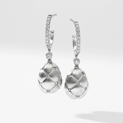 Brushed White Gold & Diamond Set Egg Drop Earrings | Fabergé