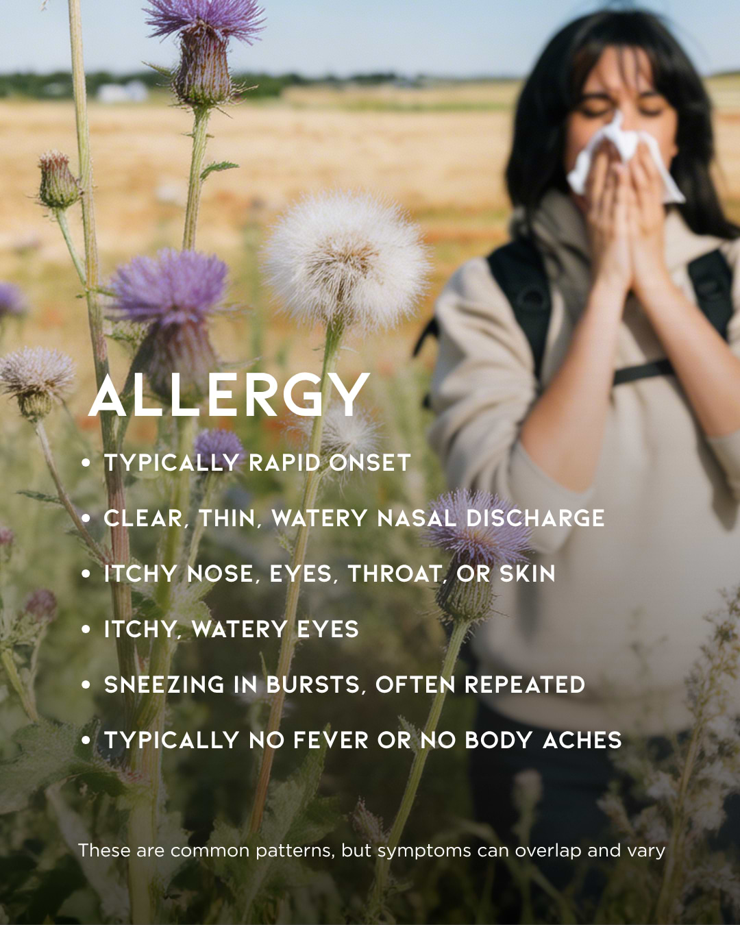 Woman blowing nose with text on image stating that allergy symptoms include rapid onset, clear thin nasal discharge, itchy/watery eyes and sudden bursts of sneezing