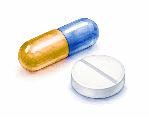 Watercolor illustration of a capsule and a tablet
