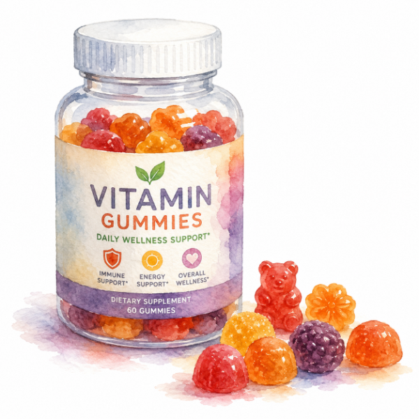 Watercolor illustration of a vitamin gummy bottle