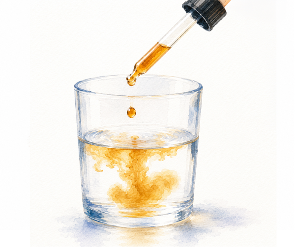 Watercolor dropper releasing tincture into a glass of water