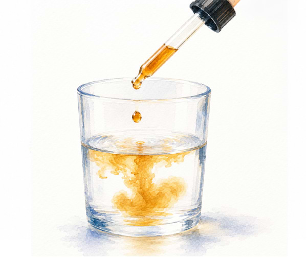 Watercolor dropper releasing tincture into a glass of water
