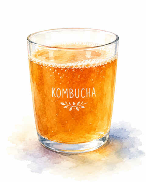 Watercolor illustration of a glass of kombucha
