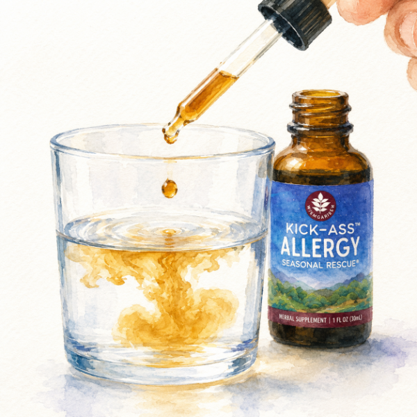 Watercolor illustration of a WishGarden tincture dropper releasing into a glass of water