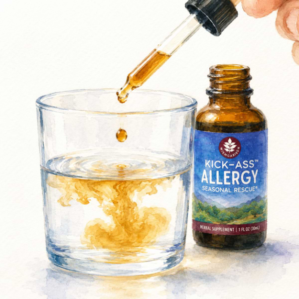 Watercolor illustration of a WishGarden tincture dropper releasing into a glass of water