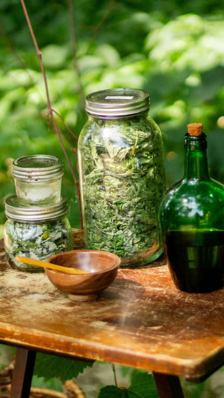 Mason jars of dried herbs