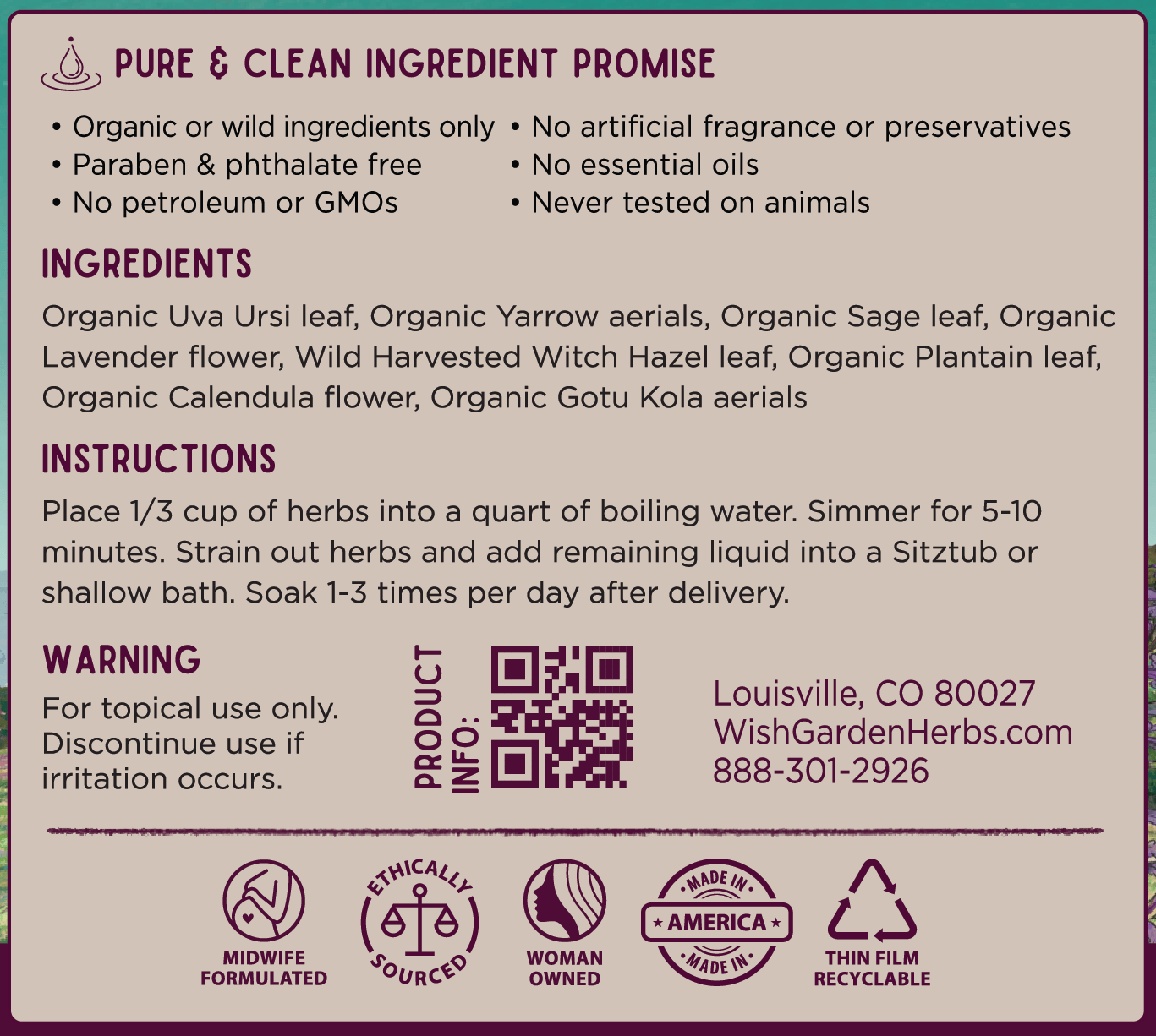 AfterBirth Sitzbath Postpartum Herbal Soak Ingredients & Supplement Facts