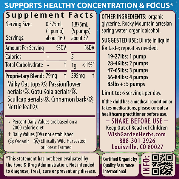 Attention Ally, Focus Friend for Kids 2oz Pump Supplement Facts and Suggested Use