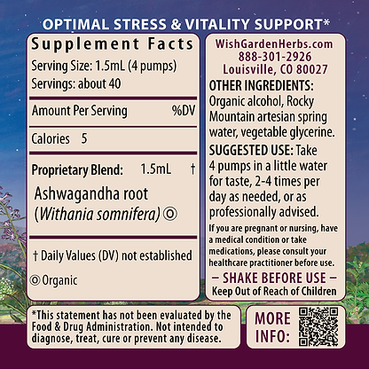 Ashwagandha Root Tincture 2oz Pump Supplement Facts and Suggested Use
