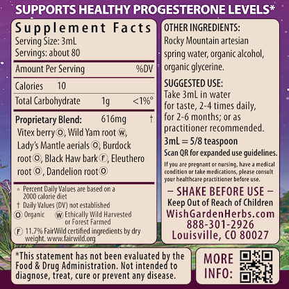 Cycle Vitality 2, Luteal Phase - Progesterone Support 8oz Bottle Supplement Facts and Suggested Use