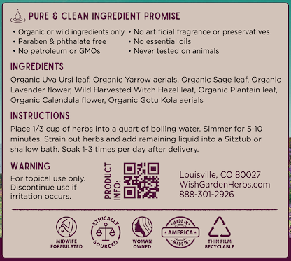AfterBirth Sitzbath, Postpartum Herbal Soak 3.17oz Bag Supplement Facts and Suggested Use
