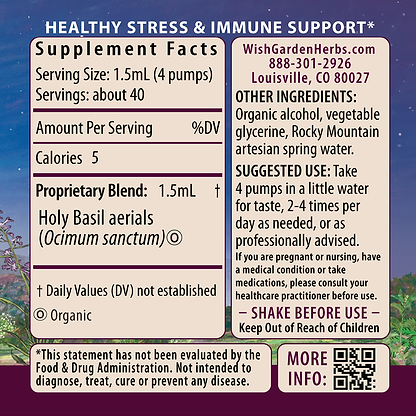 Holy Basil Tincture 2oz Pump Supplement Facts and Suggested Use