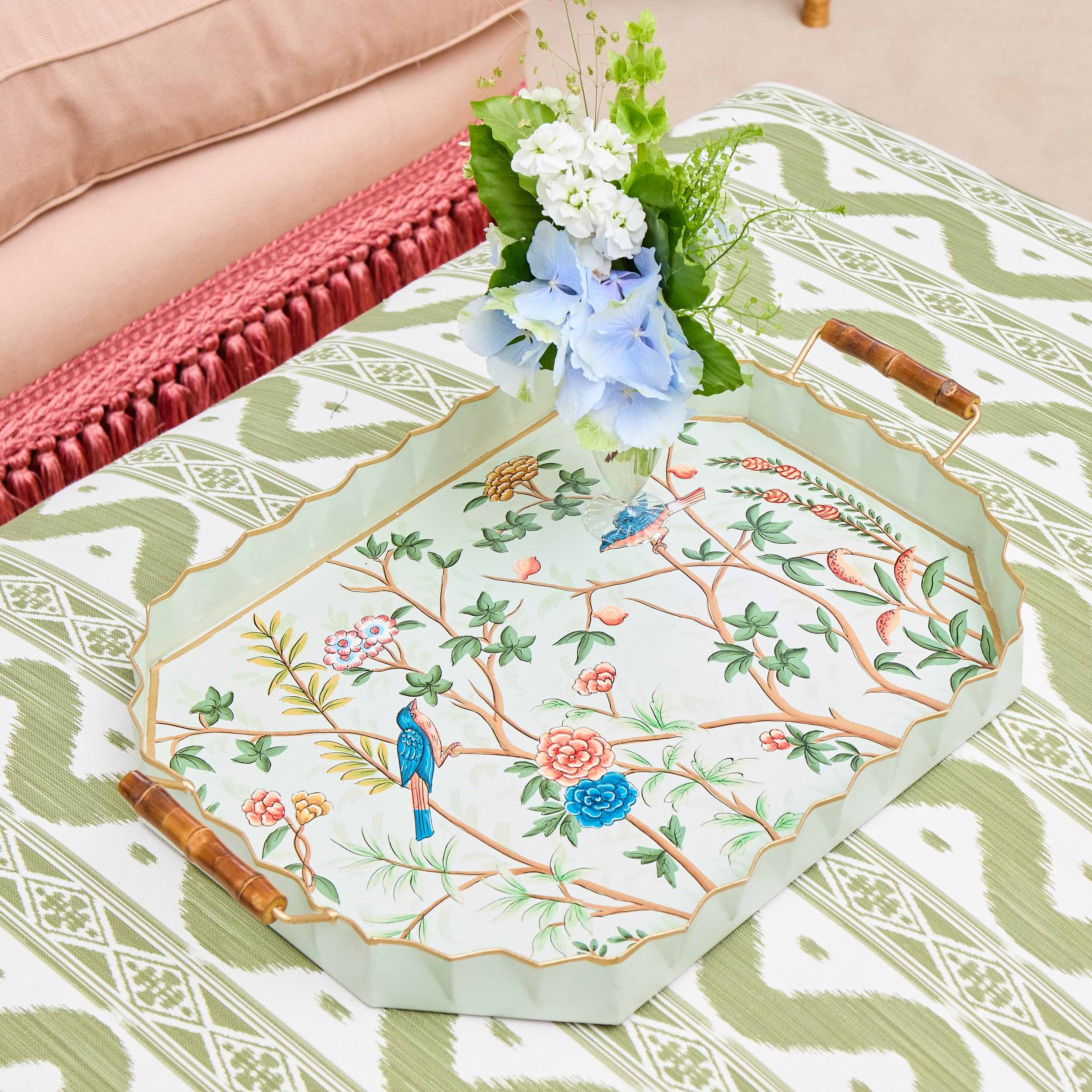 Green Chinoiserie Tole Tray with Bamboo Handles