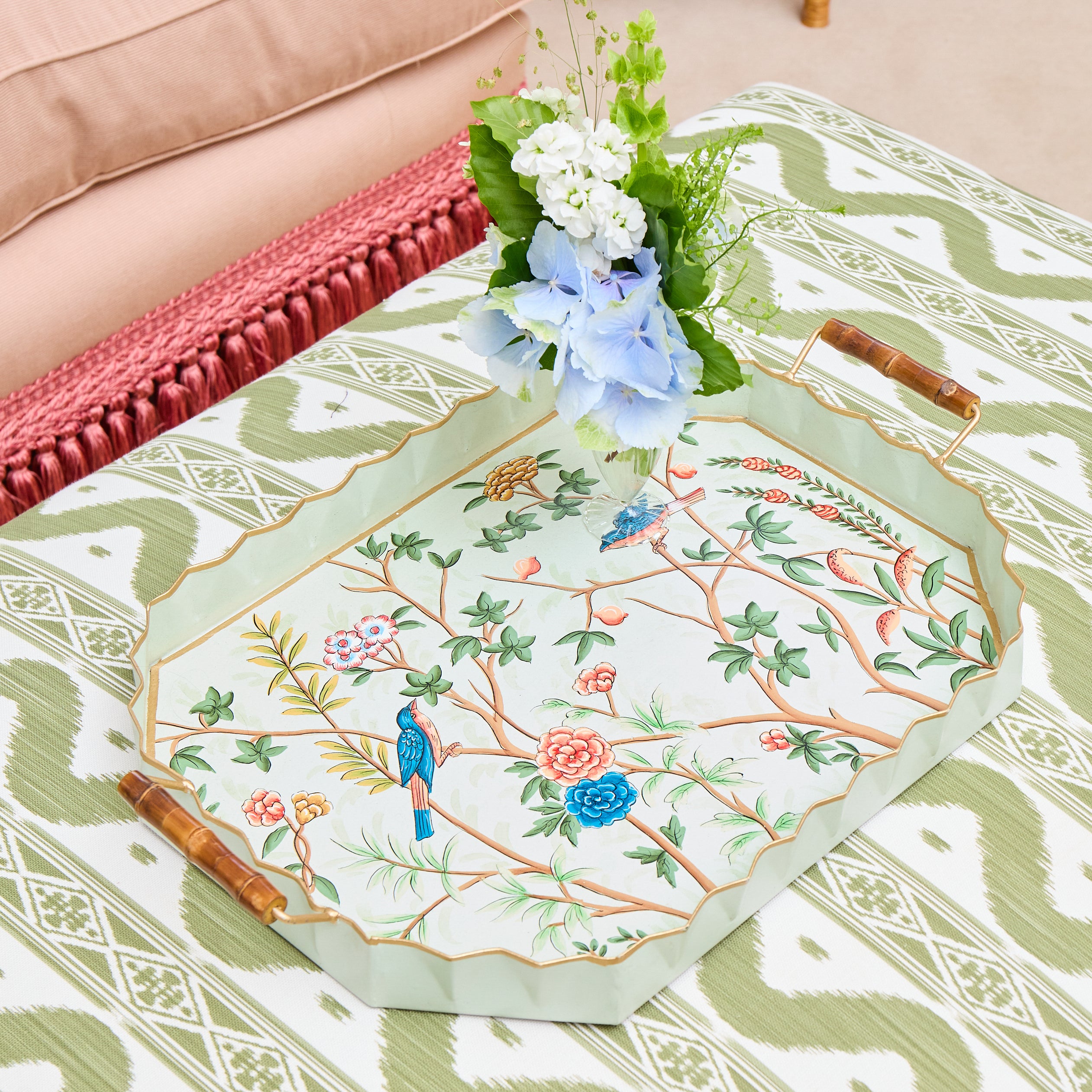 Green Chinoiserie Tole Tray with Bamboo Handles