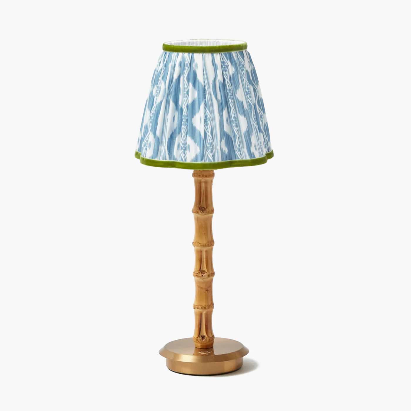 Bamboo Rechargeable Lamp with Blue & Green Ikat Shade (18cm)
