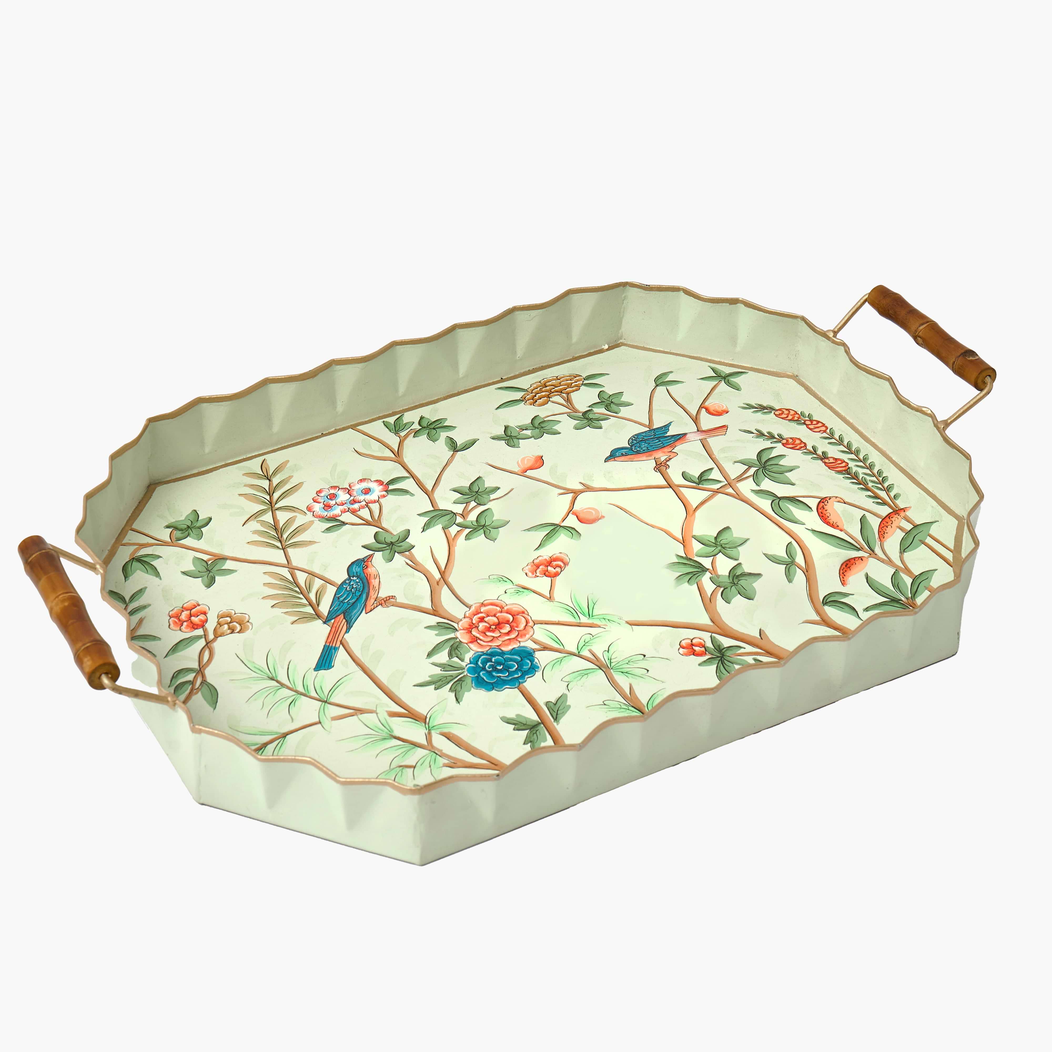 Green Chinoiserie Tole Tray with Bamboo Handles