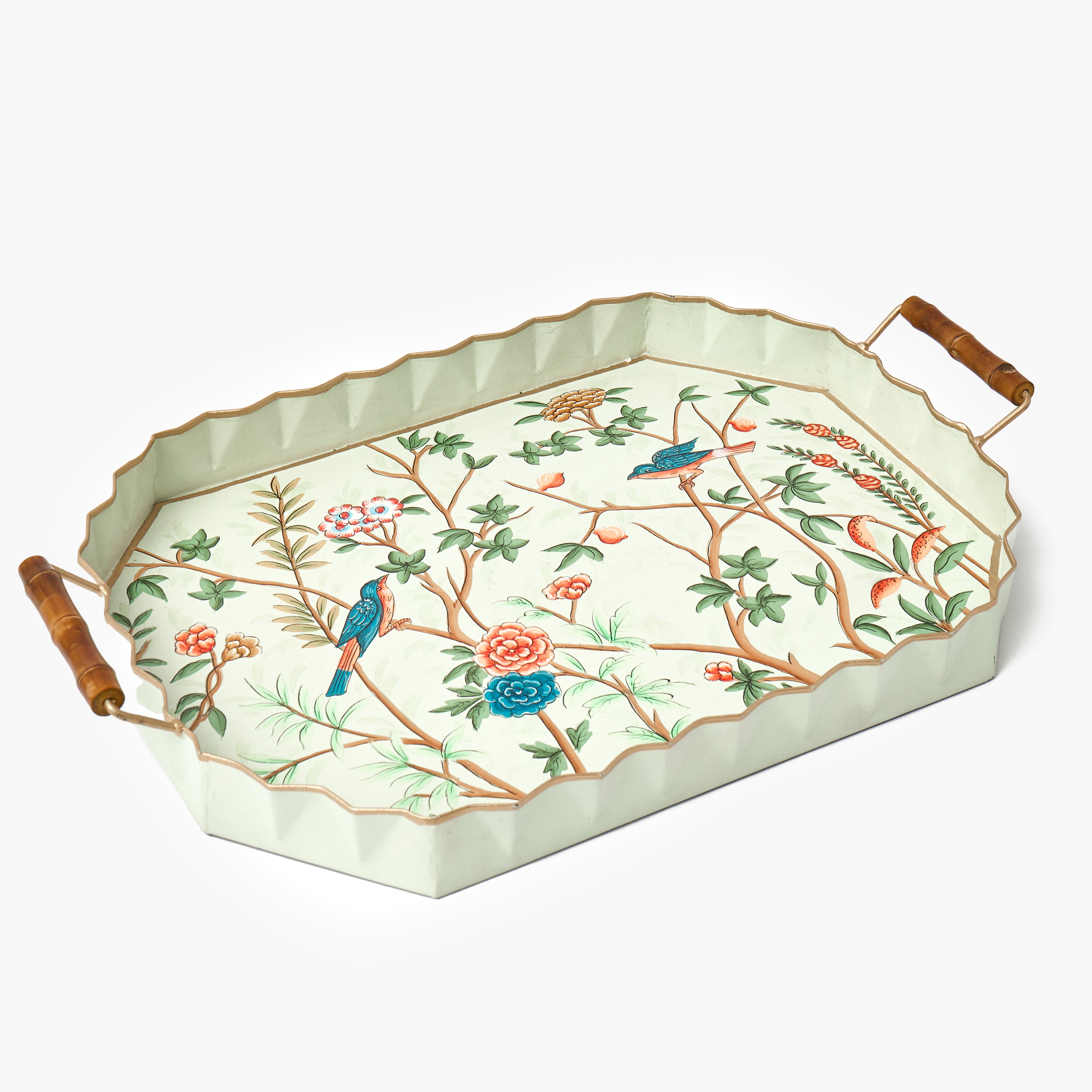 Green Chinoiserie Tole Tray with Bamboo Handles