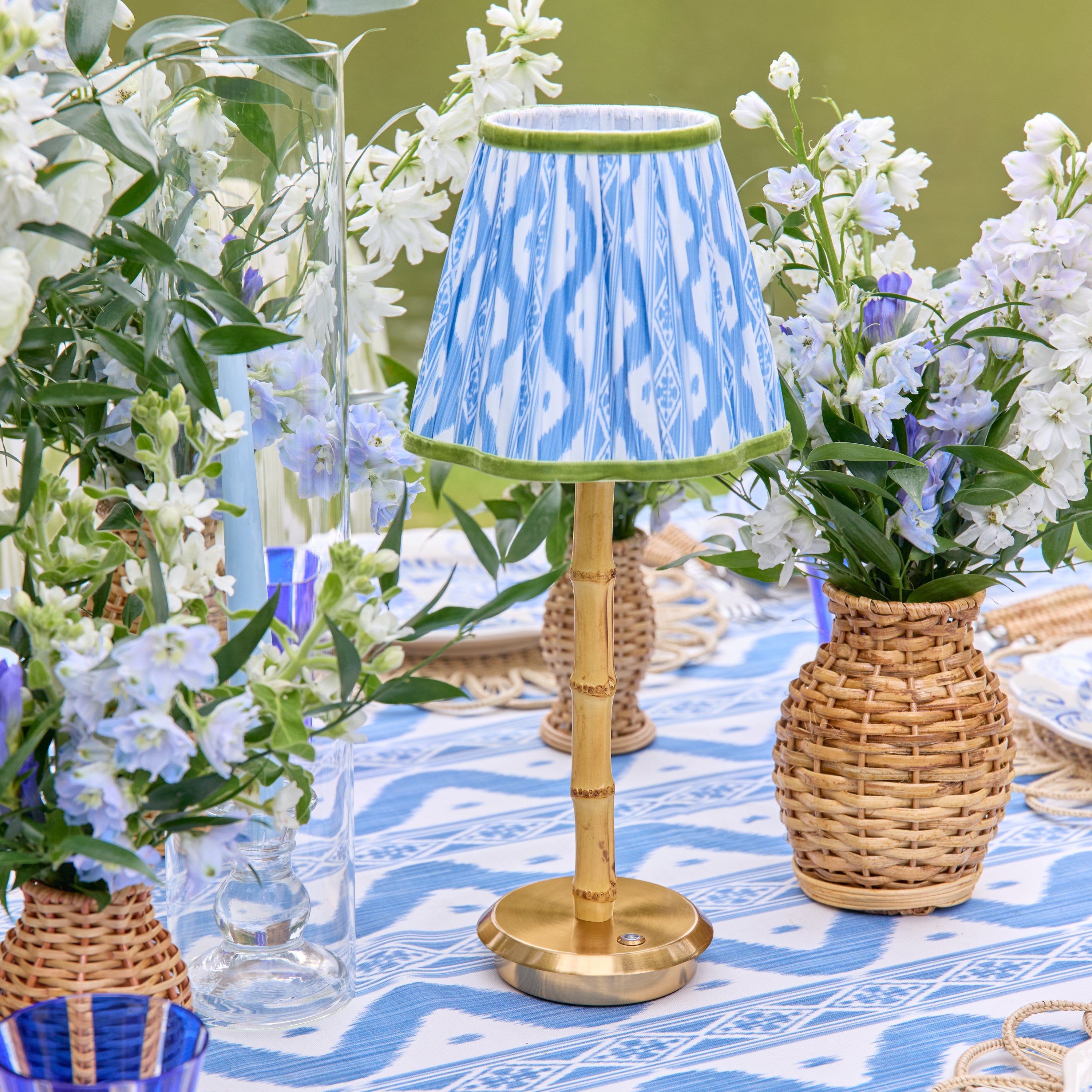 Bamboo Rechargeable Lamp with Blue & Green Ikat Shade (18cm)