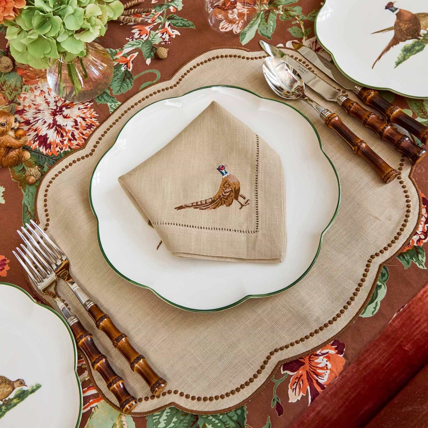 Eloise Taupe & Chocolate Linen Placemats & Pheasant Napkins (Set of 4)
