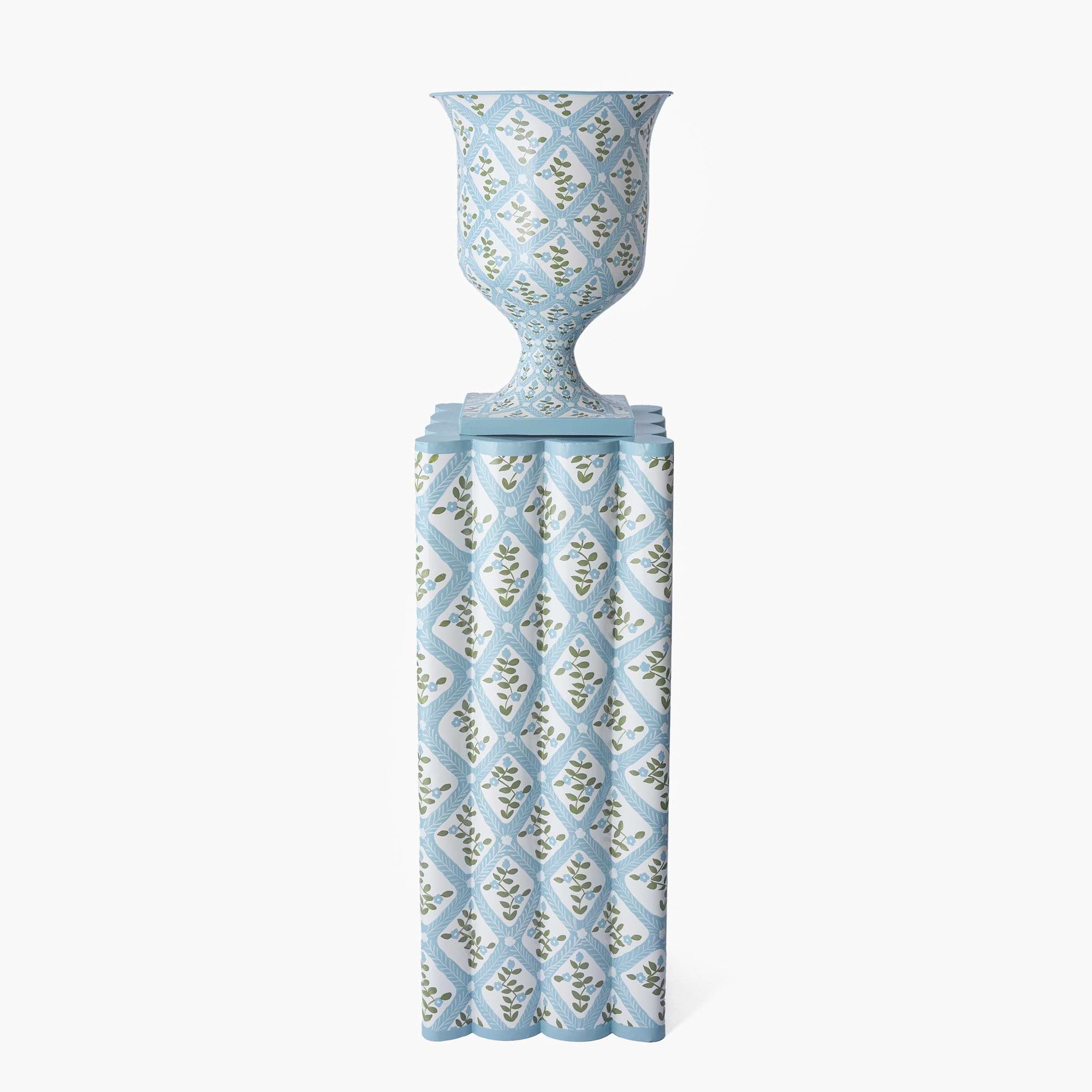 Blue Floral Trellis Urn & Pedestal