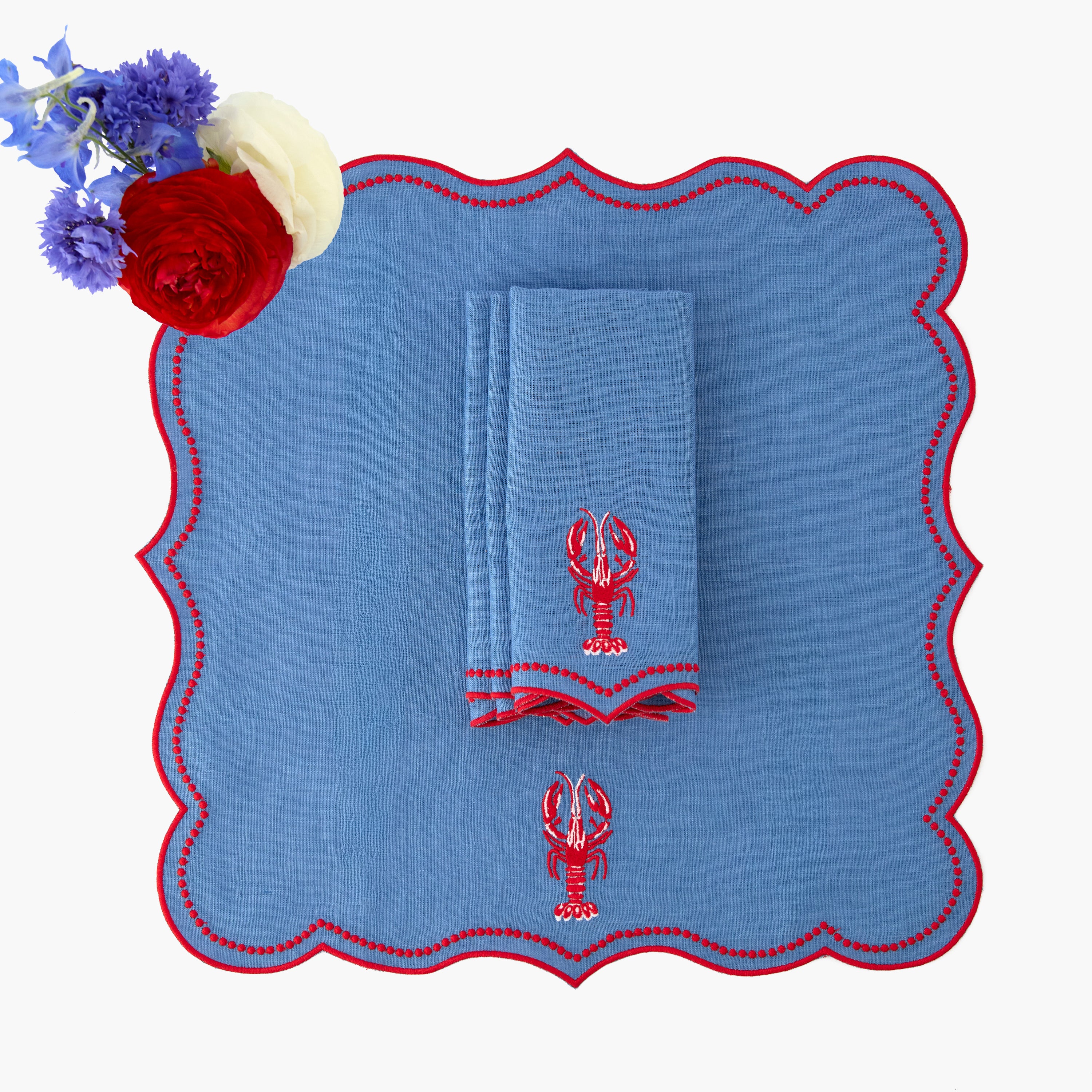 Blue Lobster Embroidered Linen Napkins (Set of 4)