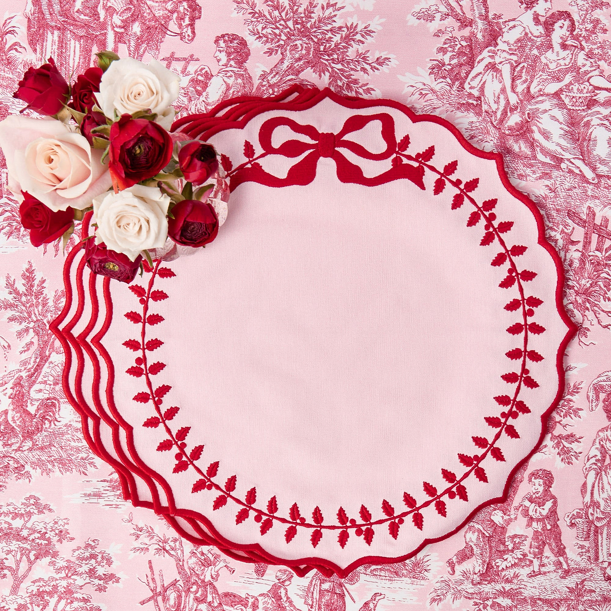 AVA Set Of 4 Braided Round Placemats – Pink & White, 15 Inch, Premium Quality
