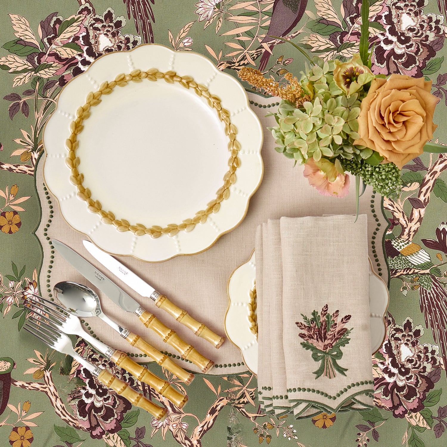Taupe & Green Eloise Linen Placemats (Set of 4)