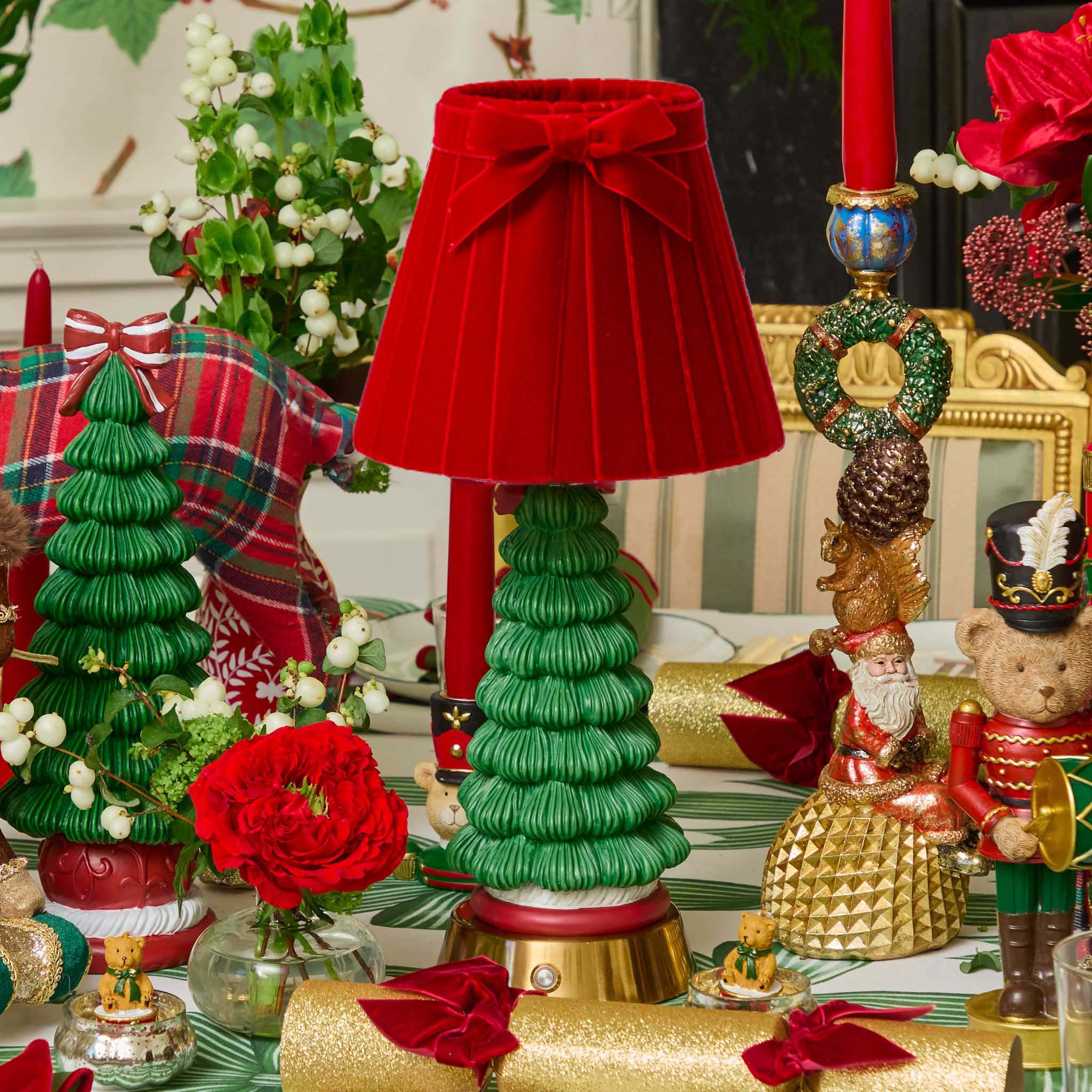 Jolly Christmas Tree Rechargeable Lamp with Red Velvet Bow Shade (18cm