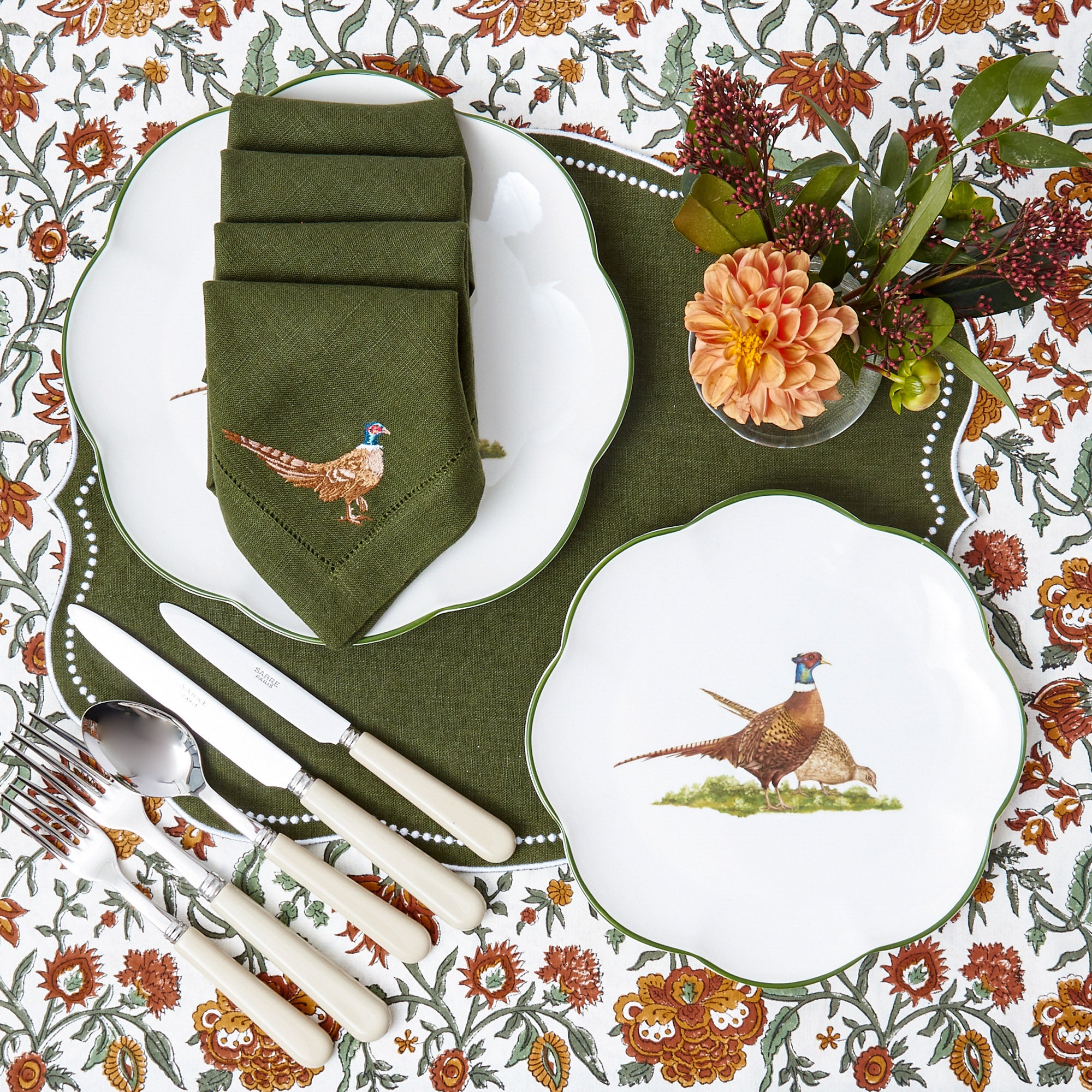 Pheasant Forest Green Linen Napkins (Set of 4)