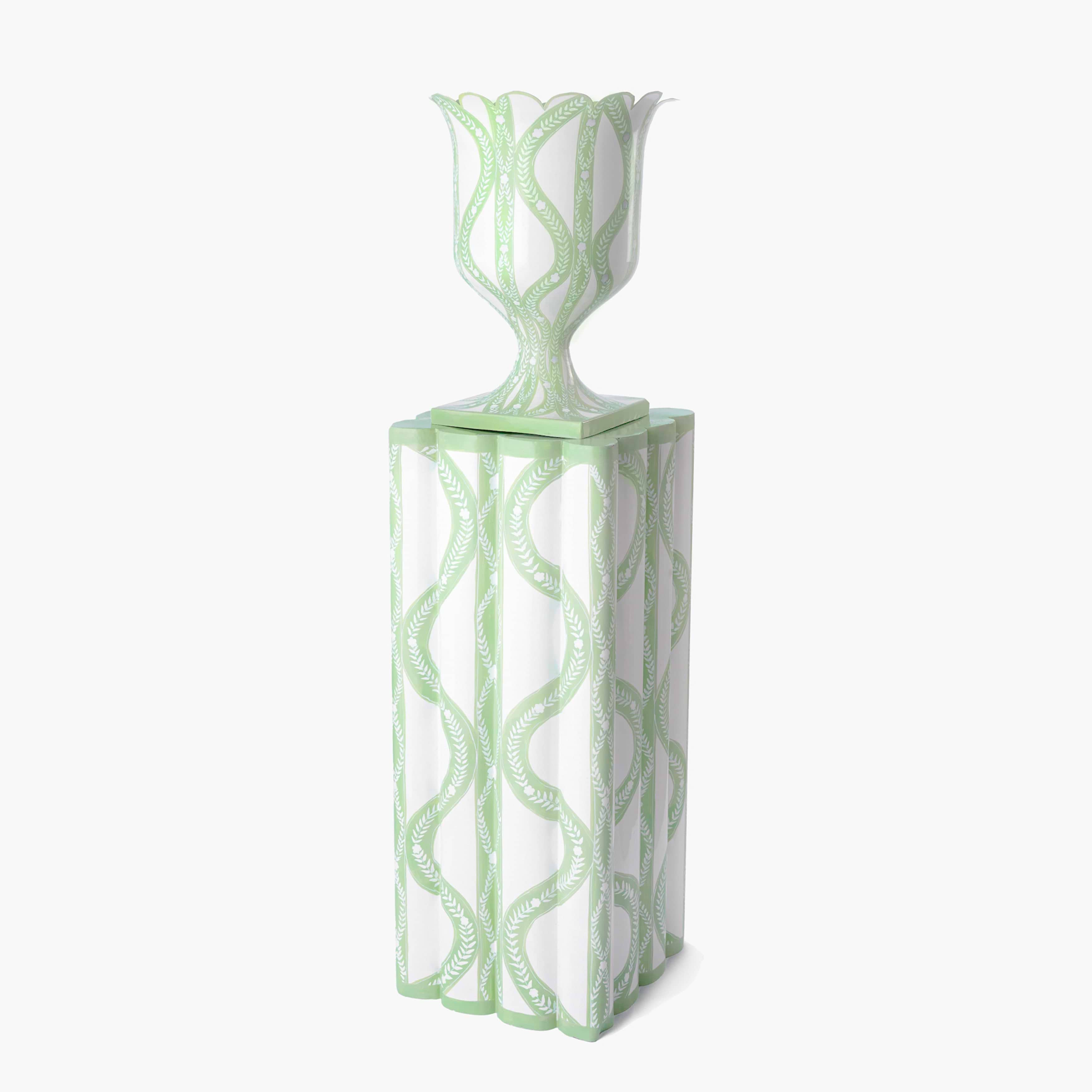 Green Floral Ikat Urn & Pedestal