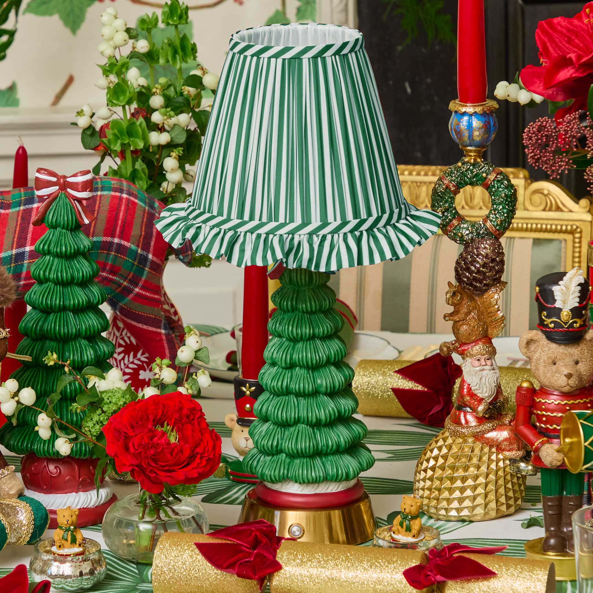 Jolly Christmas Tree Rechargeable Lamp with Forest Green Striped Ruffle Shade (18cm)