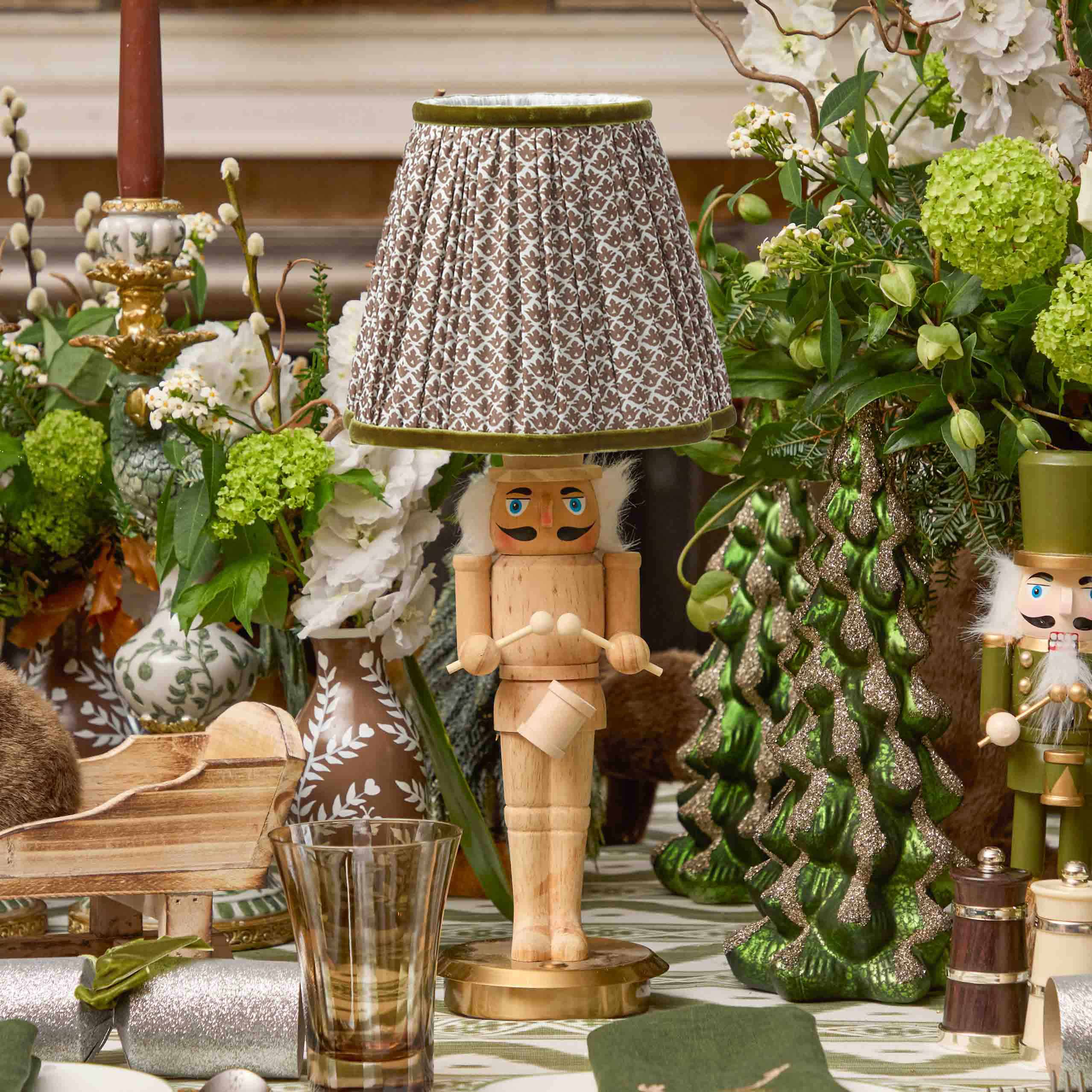 Nutcracker Rechargeable Lamp with Chocolate & Olive Lotus Shade (18cm)