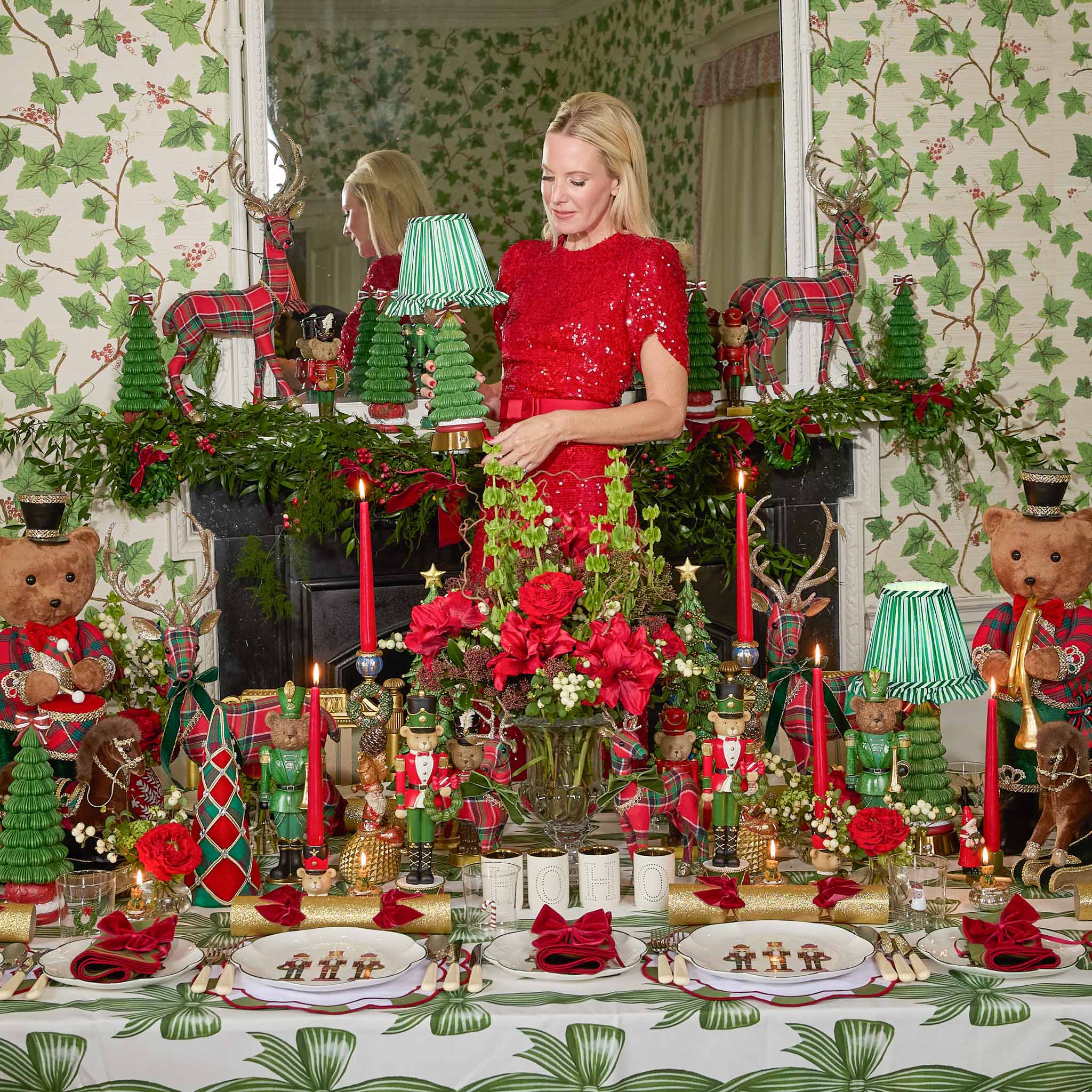 Jolly Christmas Tree Rechargeable Lamp with Forest Green Striped Ruffle Shade (18cm)