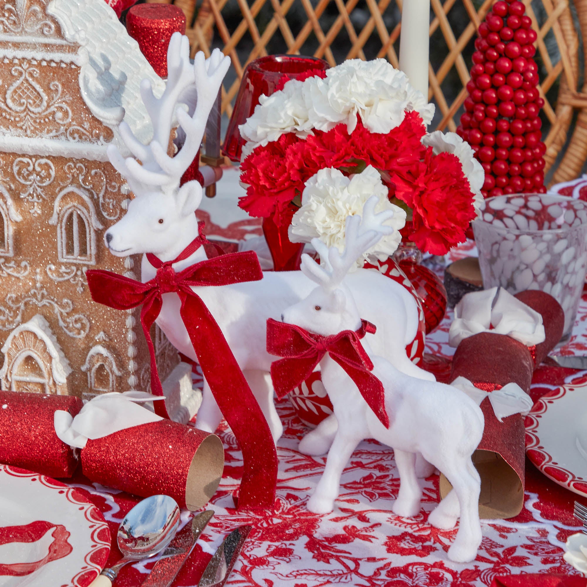 Small White Flocked Reindeer with Velvet Bows (Set of 4)