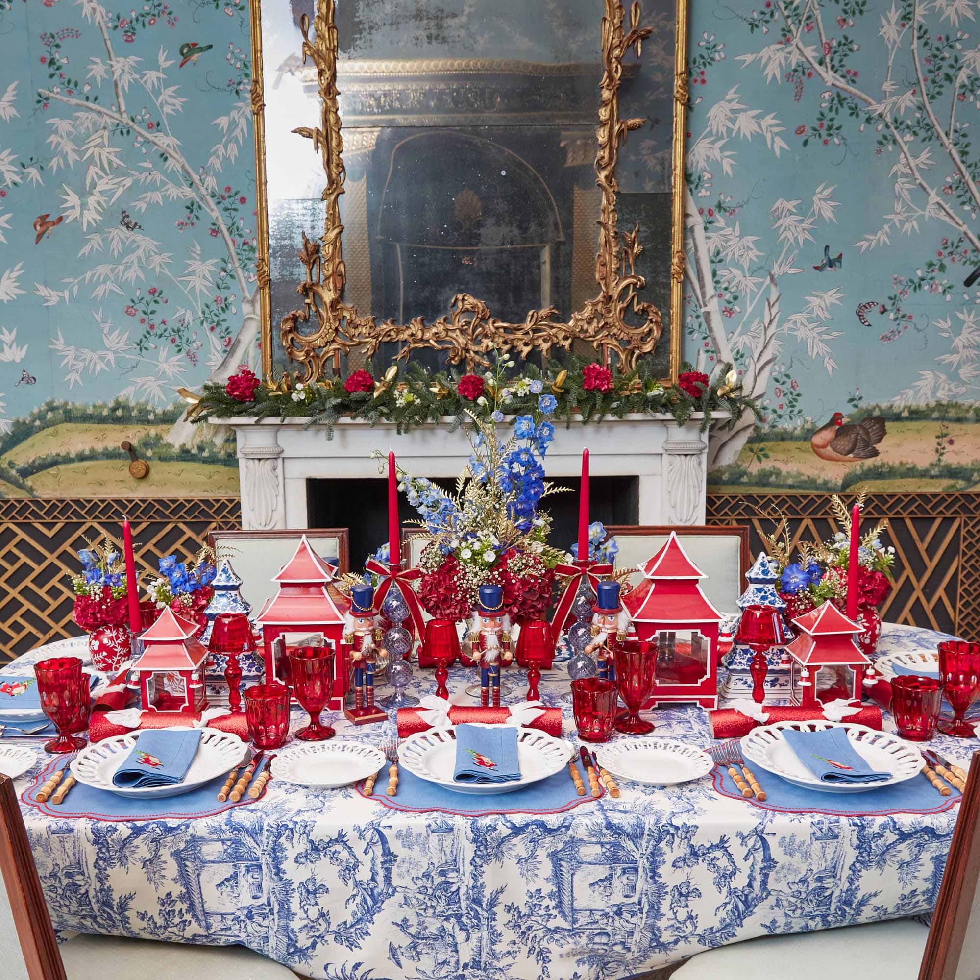 Blue & Red Hand Embroidered Father Christmas Napkins (Set of 4)