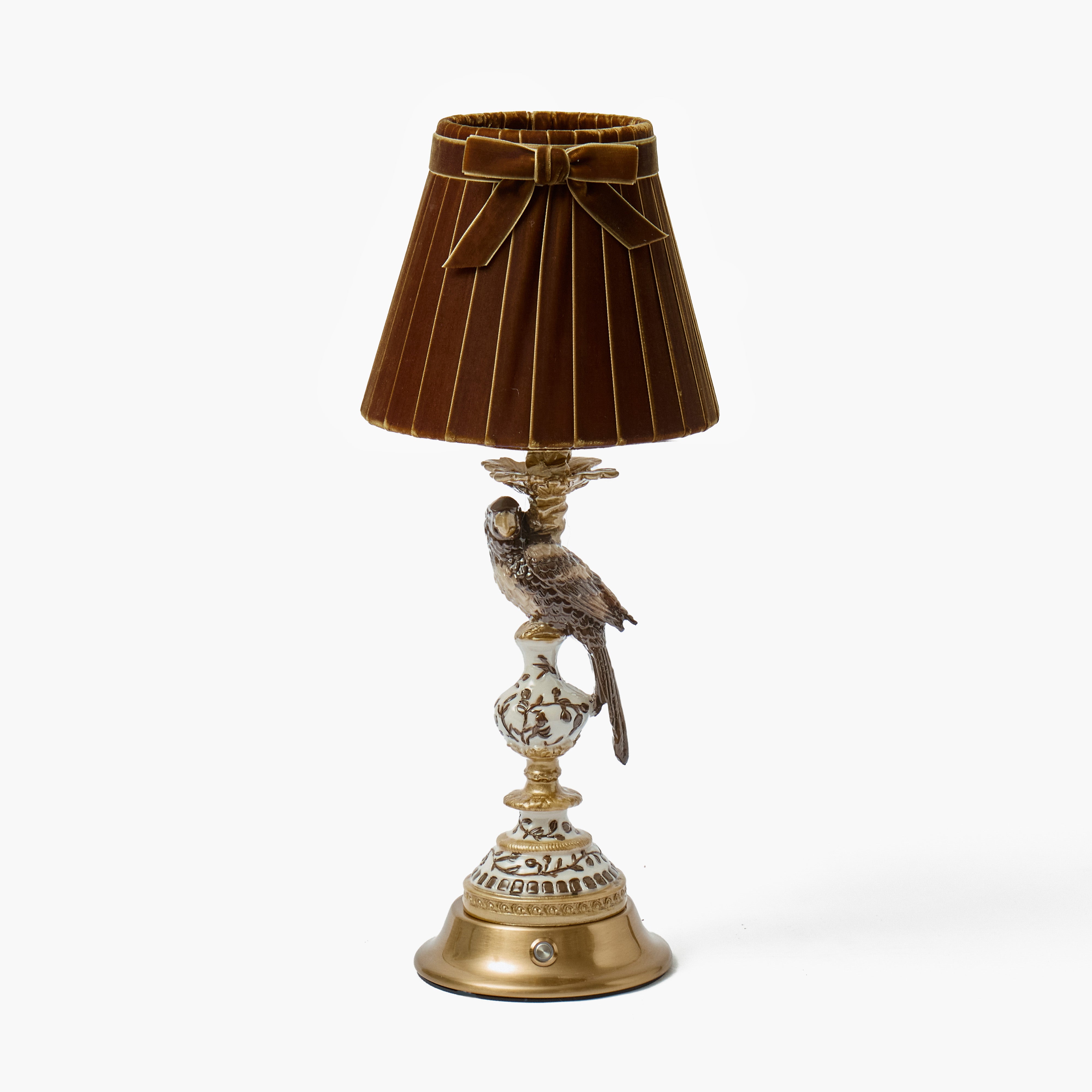 Chocolate Parrot Rechargeable Lamp with Chocolate Velvet Bow Shade (18cm)